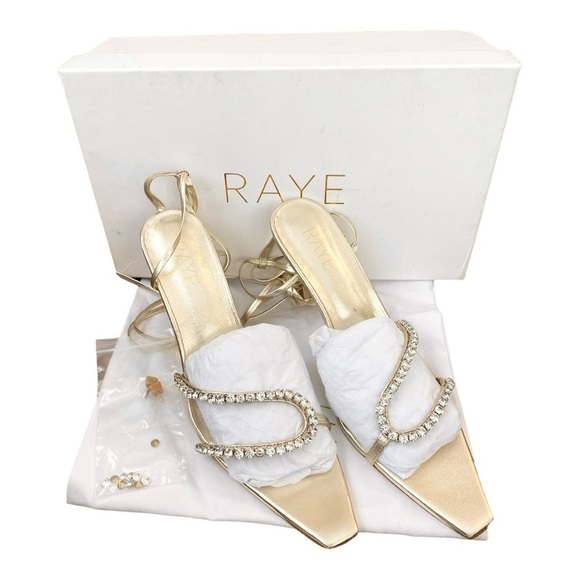 NEW RAYE Revik Stiletto Heel Sandals Crystal Straps Ankle Wrap Tie Metallic Gold - Picture 1 of 8
